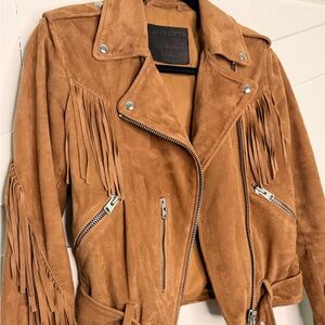 All Saints Tan Suede Leather Jacket with Fringe